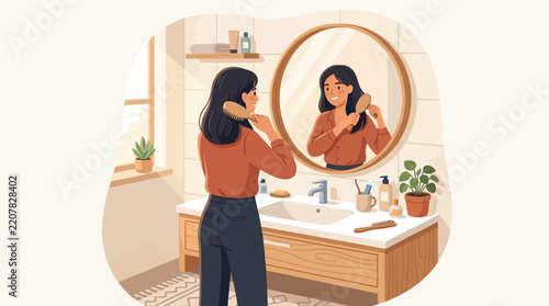 Illustration of a woman brushing hair in front of a bathroom mirror