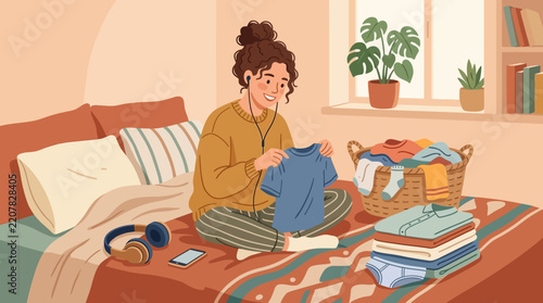 Happy young woman folding clean laundry on her bed at home