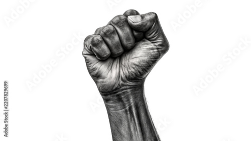 Fotografie Monochrome black and white human raised fist gesture strength isolated on transp
