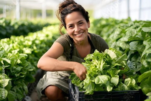 Smiling Woman Harvesting Fresh Organic Lettuce into Crate in Hydroponic Greenhouse