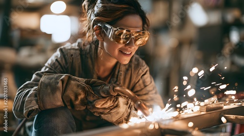 Smiling Female Welder in Safety Glasses and Gloves Welding Metal with Flying Sparks in Workshop