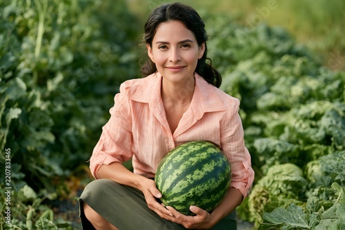Smiling Woman Farmer Kneeling with Fresh Ripe Watermelon in Agricultural Field