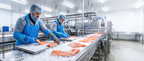 Cold chain workers processing salmon in hygienic seafood facility