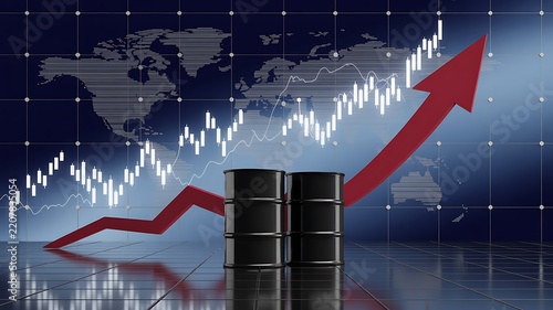 : Rising financial chart with oil barrels representing energy market growth and investment