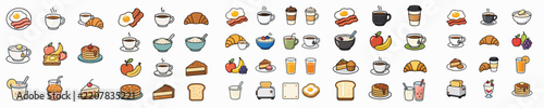 Breakfast icon set. Contains such icons as egg and bacon, coffee, oatmeal, tea, fruit, desserts, coffee with croissants and more. Vector illustration