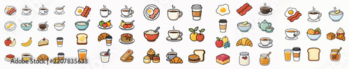 Breakfast icon set. Contains such icons as egg and bacon, coffee, oatmeal, tea, fruit, desserts, coffee with croissants and more. Vector illustration