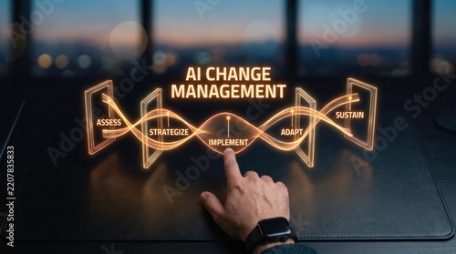 Hand interacting with a futuristic AI change management system, illustrating the strategic process of implementing artificial intelligence for business transformation and digital innovation