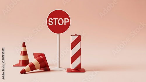 Stop sign with traffic cones and barriers representing road safety and caution