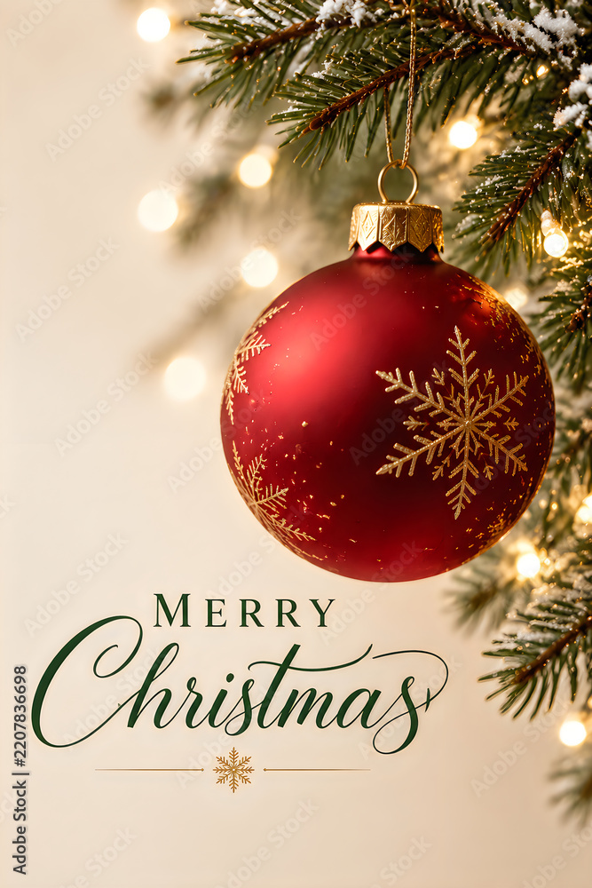 Obraz premium A detailed closeup view of a bright red christmas ornament gracefully suspended on a beautiful green tree with elegant holiday calligraphy