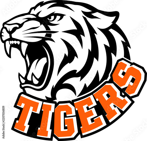 Tigers Mascot SVG, Roaring Tiger Head Logo with Orange Varsity Typography, Sports Team Cut File
