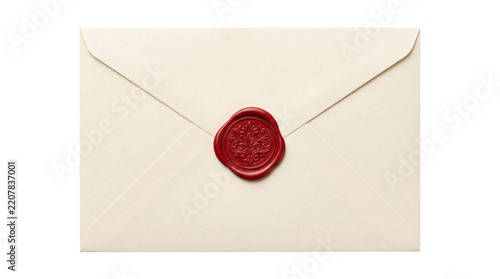 Classic cream paper mailing envelope sealed with luxury red wax seal stamp. Royal wedding invitation formal correspondence letter mockup. Isolated on transparent background.