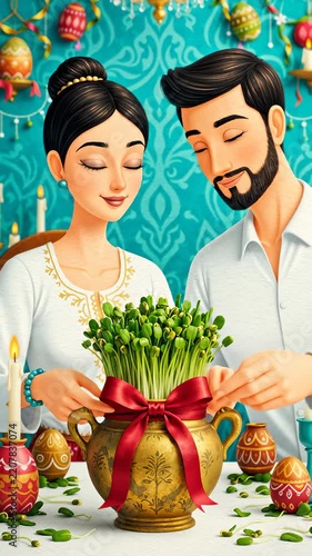 Happy Iranian Couple Celebrating Nowruz With Sabzeh Grass Sprout and Decorated Eggs, Traditional Spring Holiday Animation