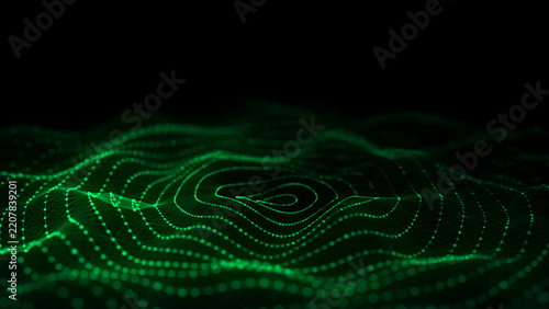 Abstract circle wave with moving dots. Flow of particles. Cyber technology illustration. 3d rendering.