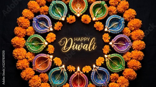 Diwali festival background with colorful diya oil lamps, marigold flower garland frame, Happy Diwali text greeting card concept