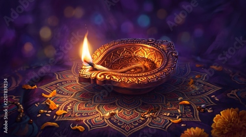 Traditional Diwali Diya Oil Lamp Glowing on Rangoli Pattern, Brass Diya Lamp for Hindu Deepavali Festival Celebration
