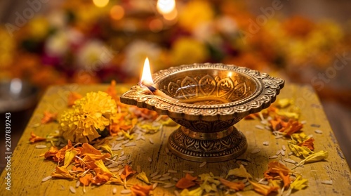 Traditional brass diya oil lamp with glowing flame, brass lamp for diwali festival celebration, festive floral decoration with marigold petals