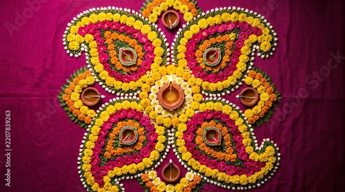 Traditional floral rangoli arrangement with lit oil diyas, colorful marigold petal mandala art for diwali festival celebration
