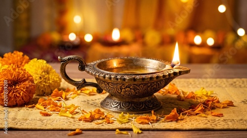 Diwali oil lamp and marigold flowers photography. Brass diya with burning flame on festive table with bokeh lights background. Hindu festival of lights celebration and religious ceremony.
