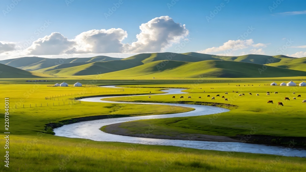 Fototapeta premium Scenic winding river through green grassland with yurts and rolling hills in Inner Mongolia