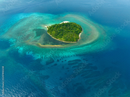 Top view of island in the blue sea with atoll and the beach. Agutaya island, Philippines.