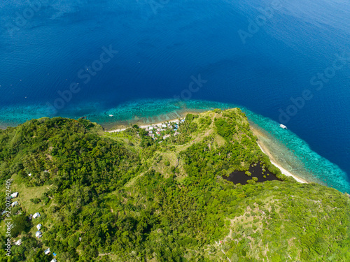 Top view of tropical island with beach and coral reef. Apo Island. Negros, Philippines.