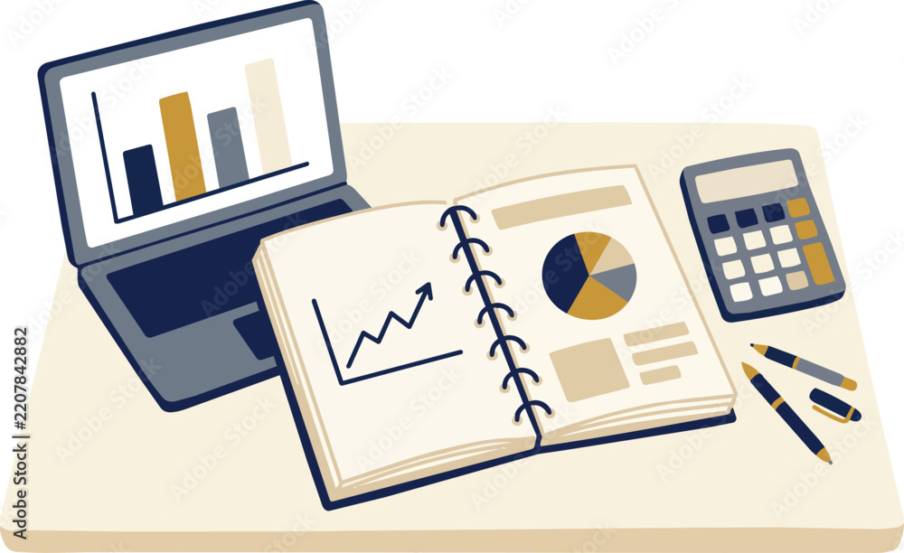 Obraz premium Flat Vector Illustration of Business Financial Analysis Desk with Laptop Showing Bar Charts, Open Notebook with Pie Chart and Growth Graph, Calculator, and Pens, Corporate Finance Concept