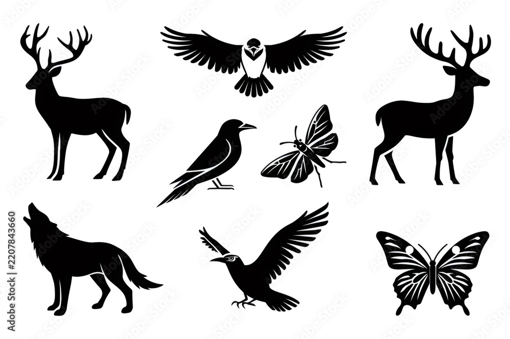 Obraz premium Wildlife animal and bird black silhouettes set