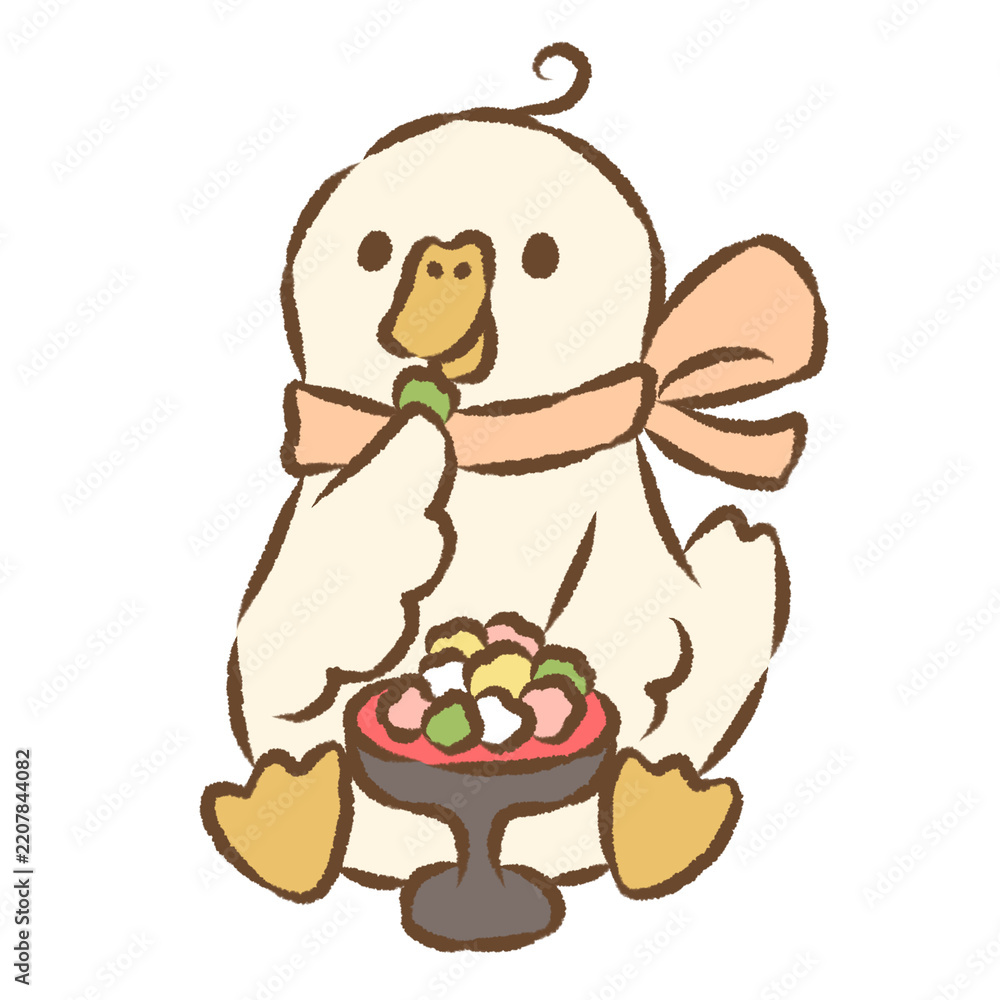 Obraz premium 背景透過のもっちり手描きイラスト ３月素材 ひなあられを食べるアヒル
