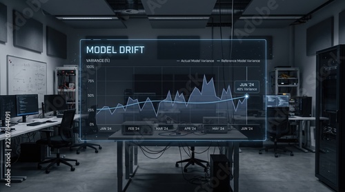Visualizing AI performance metrics and predictive model drift on a futuristic holographic display in a high-tech data center, emphasizing advanced data science and machine learning infrastructure