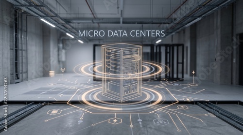 Cutting-edge micro data center concept featuring holographic projections for advanced digital infrastructure and secure data management solutions, highlighting the evolution of modern computing