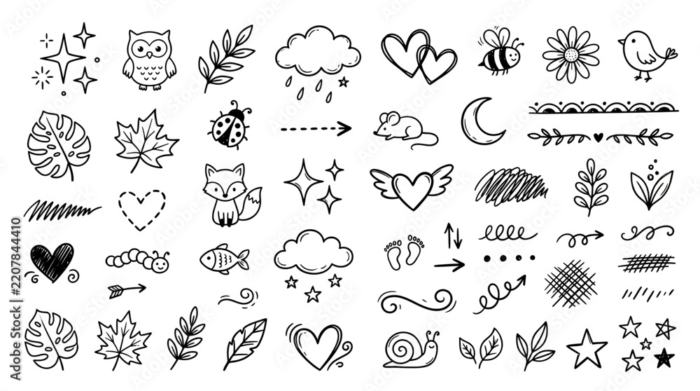 Obraz premium Cute Doodle Elements Collection Isolated Transparent Background