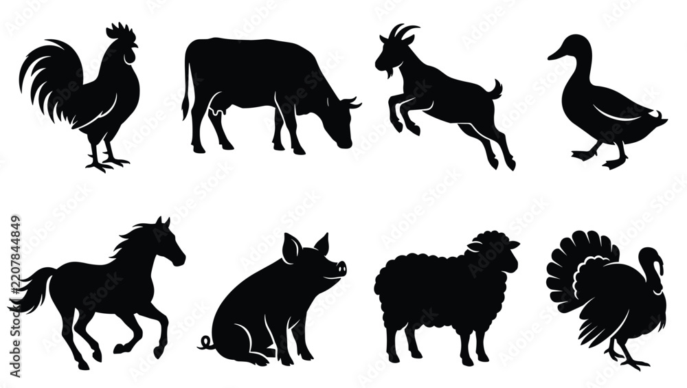 Fototapeta premium Farm Animal Silhouette Set with Rooster, Cow, Goat, Duck, Horse, Pig, Sheep and Turkey Vector Illustrations