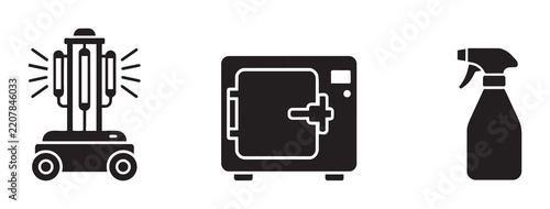 Disinfection and Sterilization Equipment Icons: UV Lamp, Autoclave, Spray Bottle for Hygiene and Sanitation