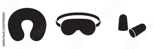 Travel Comfort Set: Neck Pillow, Sleep Mask, Earplugs Icons. Black Silhouette Collection for Rest and Relaxation.