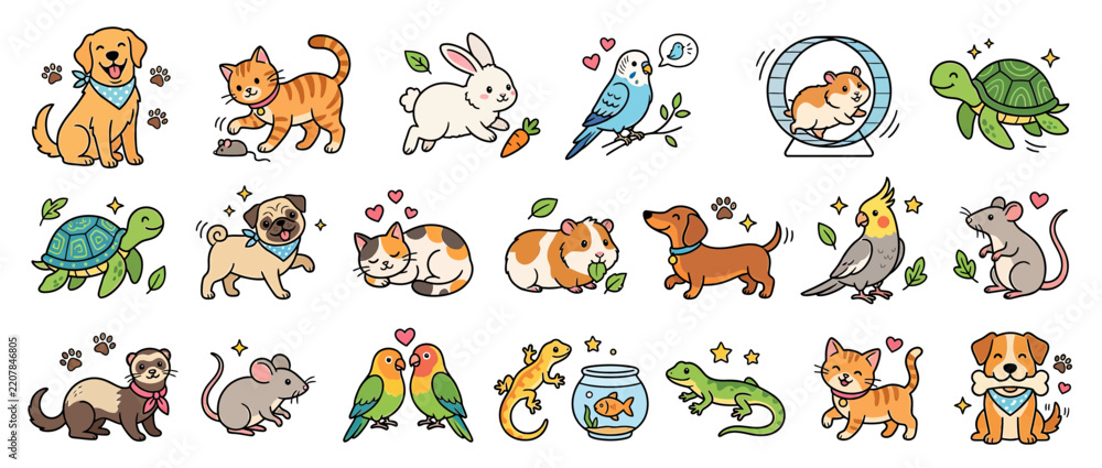 Obraz premium Cute cartoon pets collection, isolated on transparent background