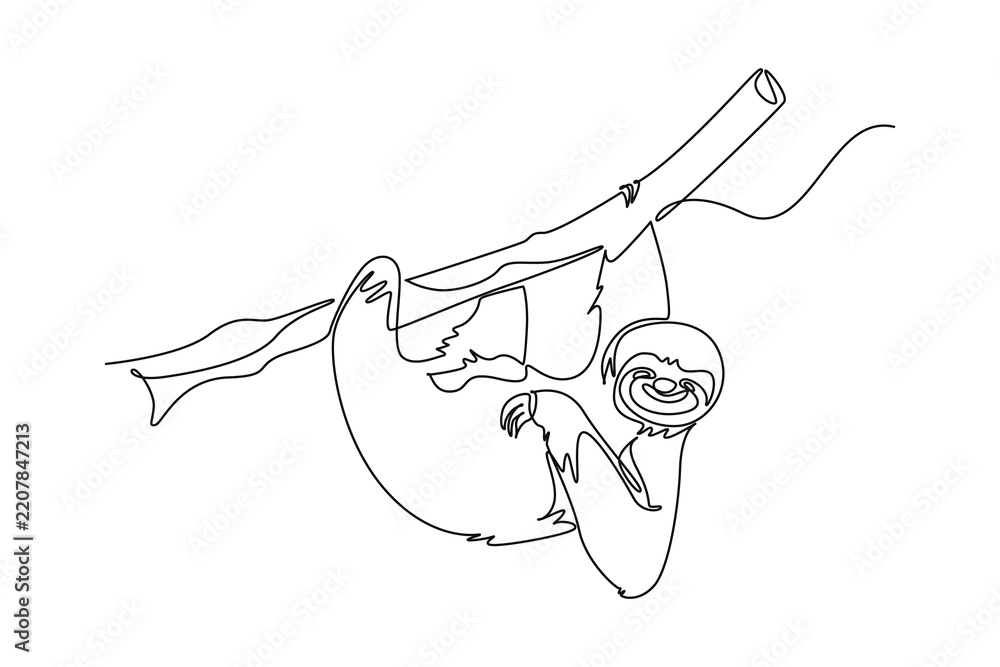 Obraz premium Continuous one line drawing animal sloth hanging upside down from tree branch, tropical rainforest wildlife, slow mammal nature, lazy fauna beauty. Single line draw design vector graphic illustration