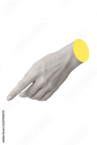 Abstract human hand pointing forward with a distinct yellow circle cut on the wrist against isolated on white background