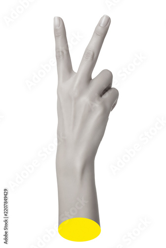 Realistic grayscale 3D model of a human hand showing a victory sign or peace gesture isolated on white