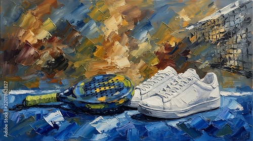Still Life Painting of White Sneakers and a Colorful Bag on a Blue Surface.