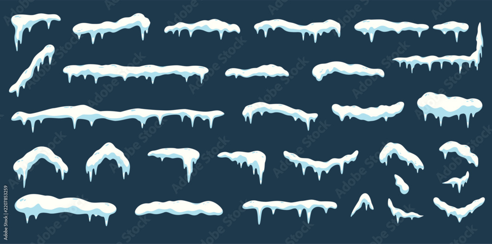 Fototapeta premium Cartoon snow caps and icicles set for winter game interface, cute icy edge overlays and snowy elements, frozen borders and decorative frost layers in flat blue vector style