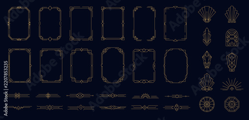 Art deco golden frames, dividers and decorative emblems, elegant geometric vintage borders, fan and sunburst ornaments for wedding invitations, menus, branding and certificates. Vector isolated set
