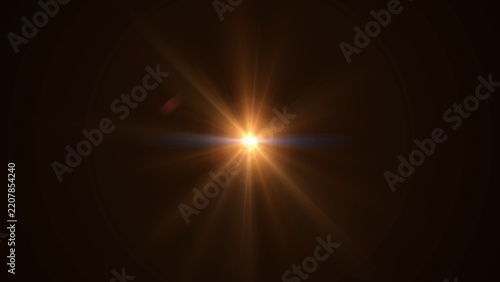 Golden light bursts radiantly against deep black background. Starburst lens flare gleams with warm