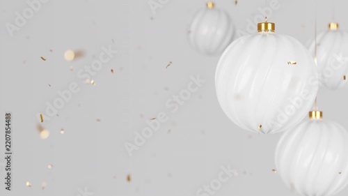 Rotating Matte White Christmas Balls and Spherical Baubles with Falling Golden Confetti for Festive Christmas and New Year Eve Celebration