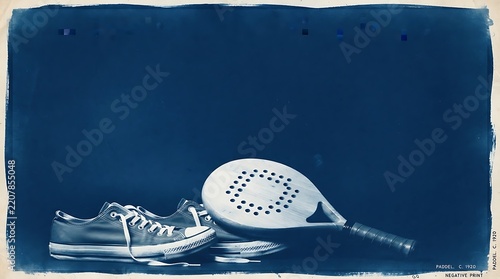 Cyanotype of a Tennis Racket and Sneakers.