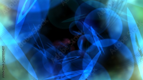 Vibrant blue hues swirl in abstract motion. Fuzzy circles float against deep, dark background