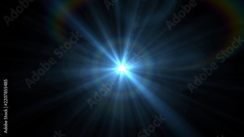 Bright blue light bursts from center, radiating sharp rays. Rays glow vividly