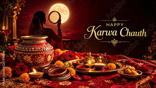 Karwa Chauth Puja Thali With Sieve Diya Sweets And Full Moon Background
