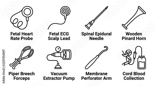 Set of medical monitoring equipment and diagnostic tools for labor and delivery with c section obstetric delivery instrument clinical healthcare gynaecology maternity pregnancy surgical