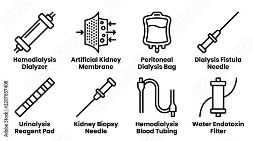 Set of eight medical dialysis and nephrology equipment icons in clean line art style with dialysis nephrology healthcare treatment equipment hospital clinical illustration hemodialysis