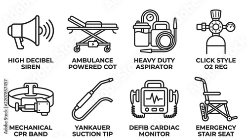 Set of eight medical and emergency life saving equipment icons for paramedic services with emergency paramedic equipment healthcare ambulance hospital clinical apparatus critical diagnostic